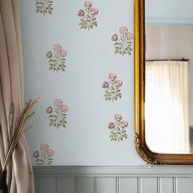 17.3"× 118.1" Vintage Blue Floral Wallpaper Peel and Stick Boho Wallpaper by LUKUUI