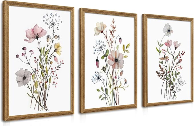 WRFON Framed Botanical Canvas Wall Art Set of 3, Watercolor Floral Prints by Unknown
