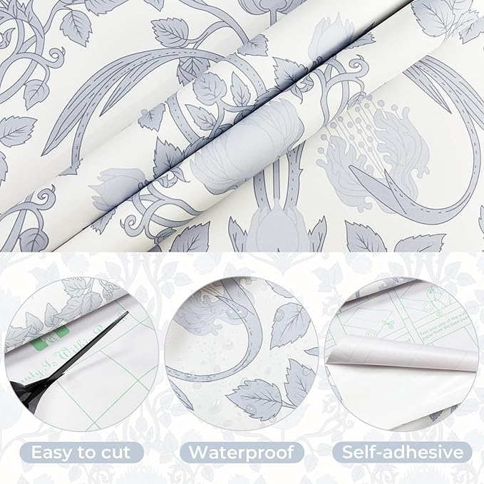 YXTII 17.3"×236.2" Blue Floral Peel and Stick Wallpaper, Damask Boho Wall Paper - Image 2