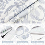 YXTII 17.3"×78.7" Blue Floral Peel and Stick Wallpaper, Damask Vintage Wallpaper - Image 2