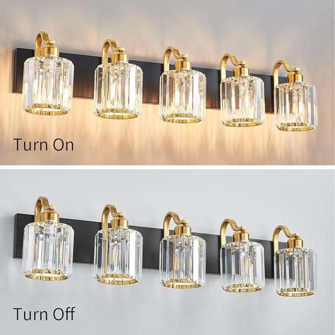 Black Gold Crystal Vanity Light Over Mirror 5 Lights Bathroom Wall Lighting - Image 3