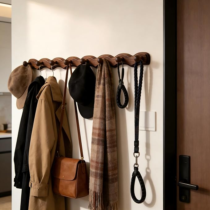 Wood Coat Rack Wall Mount -8 Pack Walnut Coat Hooks - Image 5