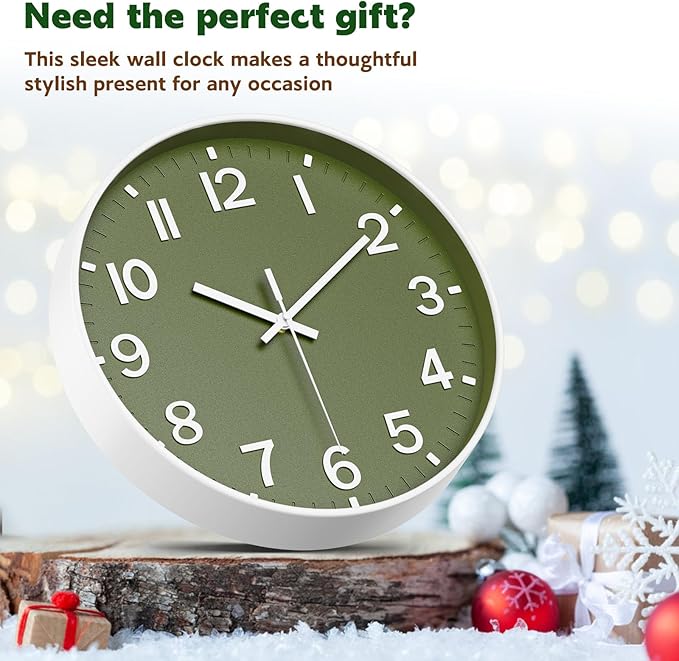 Silent Wall Clock Non-Ticking Battery Operated – Modern Olive Green Analog Wall - Image 6