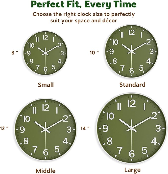 Silent Wall Clock Non-Ticking Battery Operated – Modern Olive Green Analog Wall - Image 7