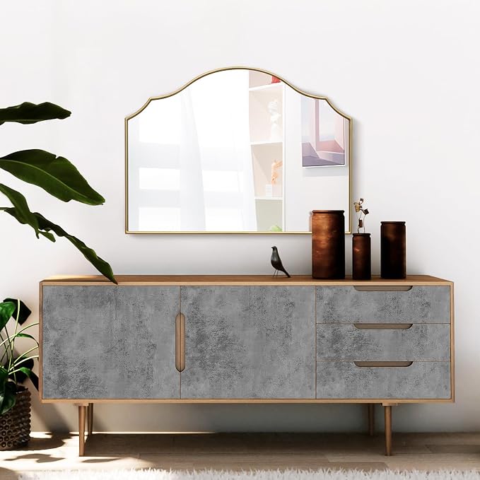 Besdomus Gold Scalloped Mirror for Vanity: 32"x24" Modern Minimalist Wooden - Image 8
