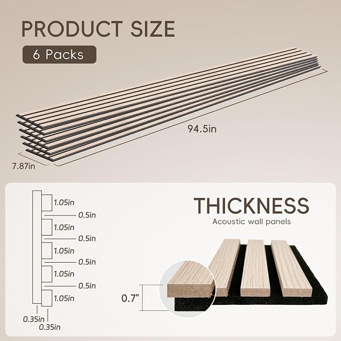 EVERECO 6 Pack Wood Slat Acoustic Wall Panels 92.5" × 7.87", 3D Sound Absorbing - Image 2
