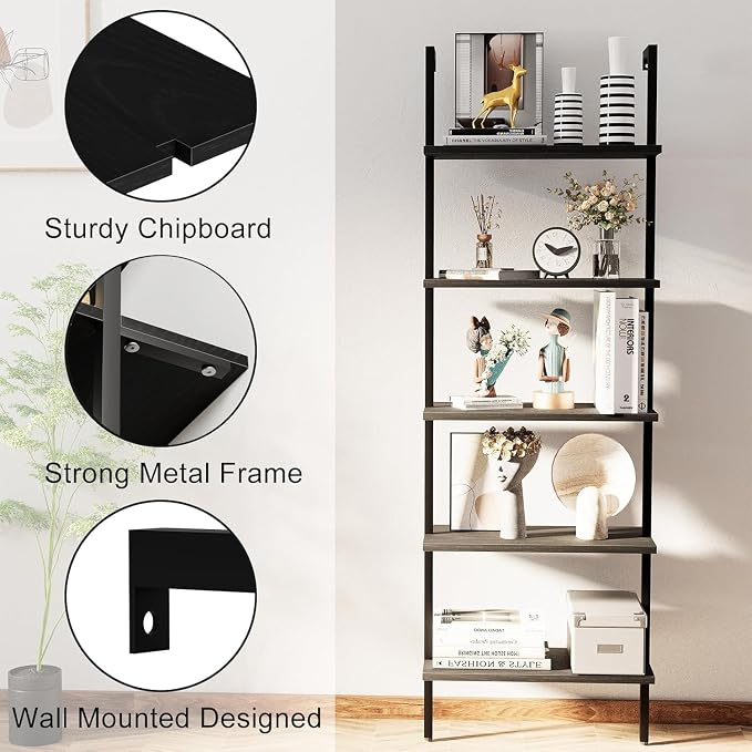 aboxoo Ladder Shelf Open 5-Tier Bookshelf Wall-Mounted Black Wood Bookcase - Image 6