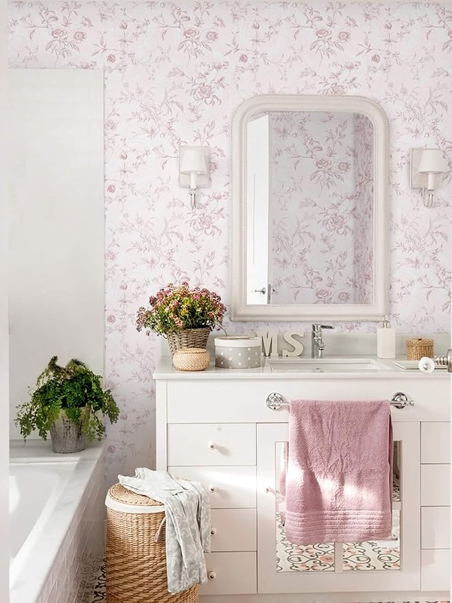 Ismoon Peel and Stick Wallpaper Floral Pink Stick on Wall Paper Vintage French - Image 5