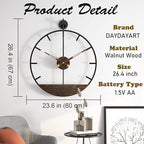Modern Wood Walnut Dial Wall Clock, Large Simple Wall Decor Metal Frame Silent - Image 3