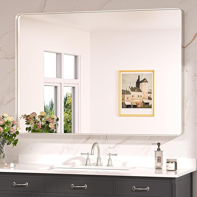 Keonjinn 48 x 36 Brushed Nickel Bathroom Vanity Mirror, Large Rounded Rectangle by Keonjinn