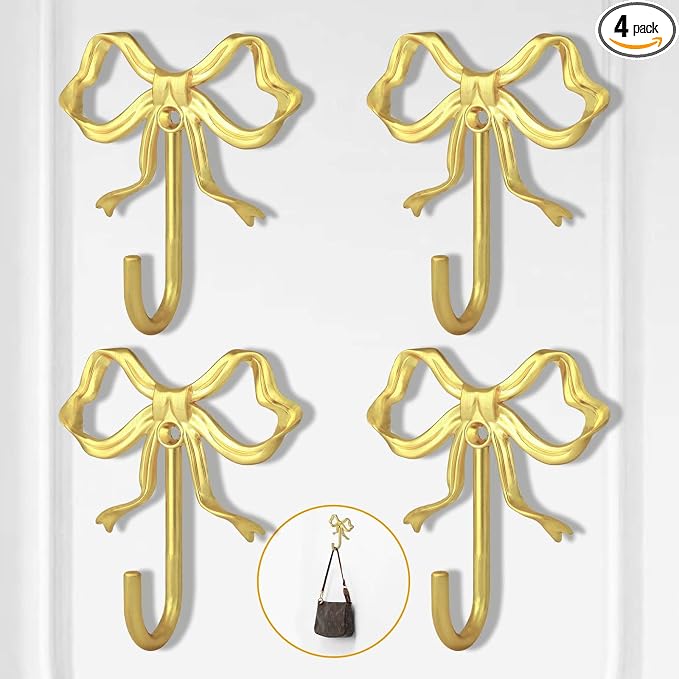 4 PCS Large Size Gold Bow Wall Hook, Metal Hooks, Bow Room Decor Hooks by XHIPY