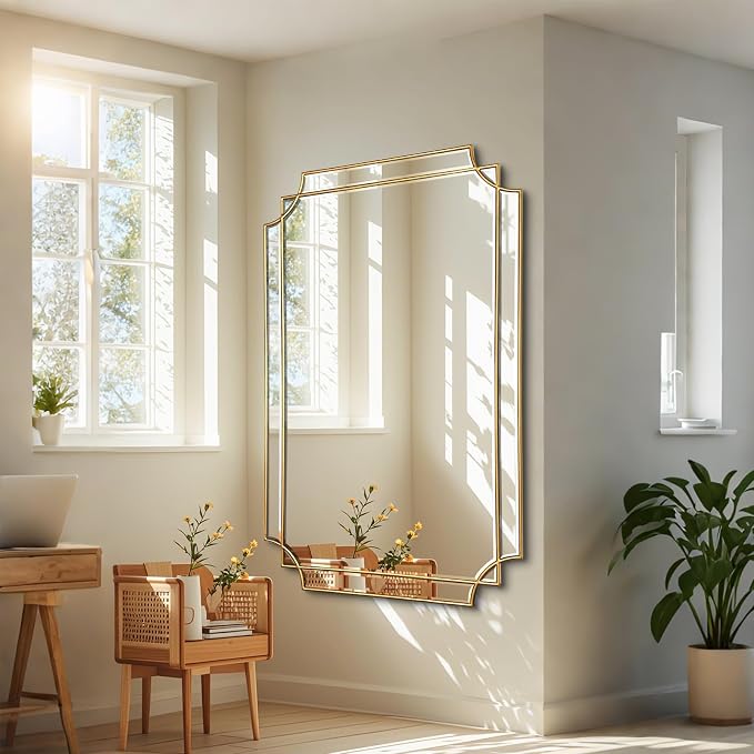 HQiJun Gold Mirror for Wall, Polished Bevelled Rectangle Mirror, Modern - Image 3