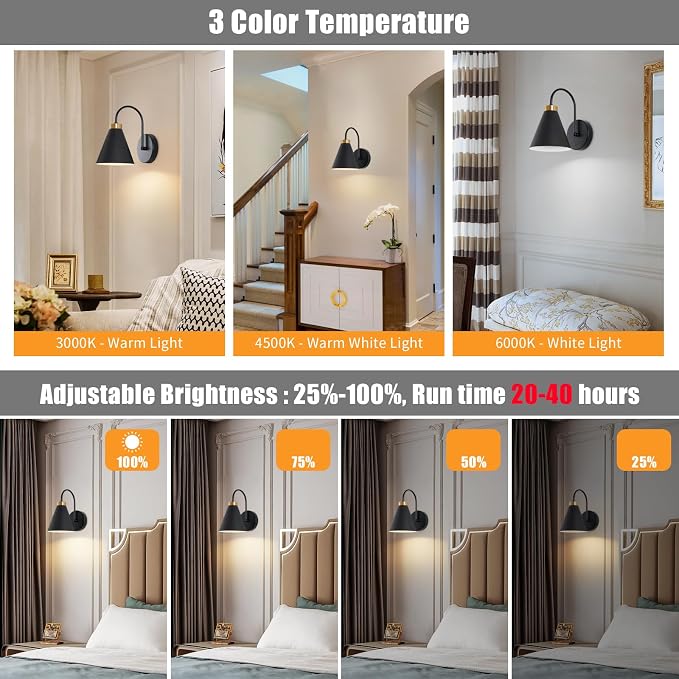 Powfloven Vintage Rechargeable Wall Sconces Set of 2, Battery Operated Bedside - Image 3