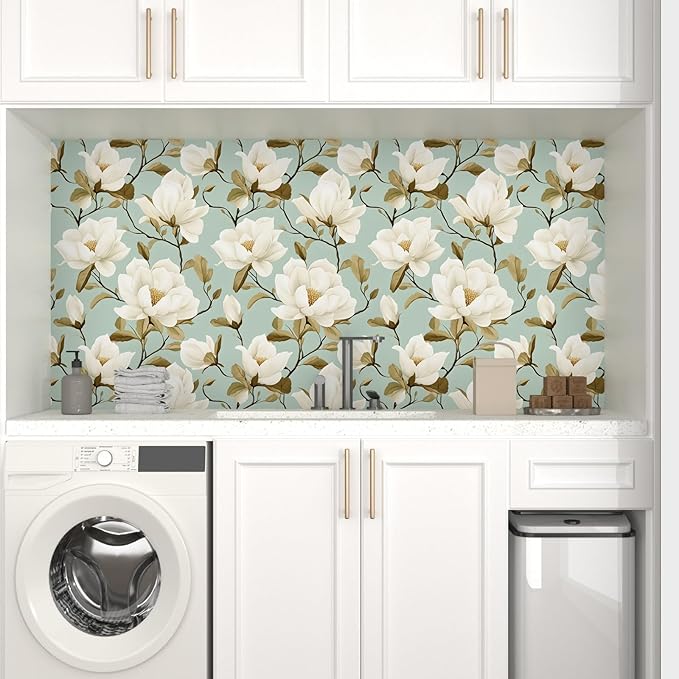 Modern Green White Flowers Wallpaper Blue Floral Peel and Stick Contact Paper - Image 5