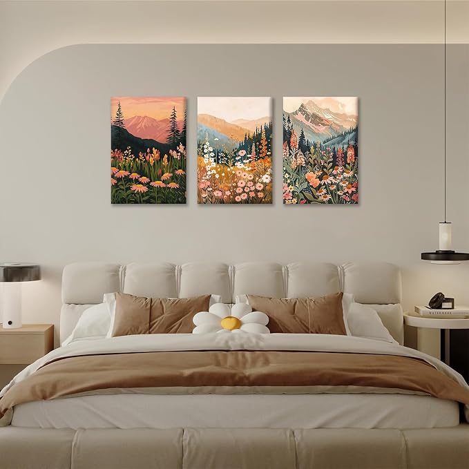 KBKBART Boho Colorful Landscape wall art Set of 3, Wildflower Mountain Wall - Image 6