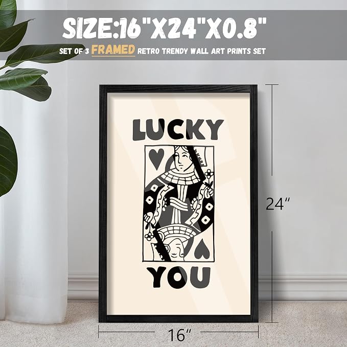 Heiple Framed Set of 3 Poker Wall Art Lucky You Poster, Trendy Retro Wall Art - Image 4