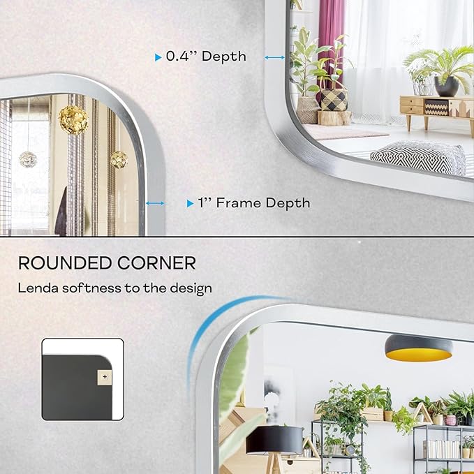 Wall Mount Mirror for Bathroom, Brush Silver Metal Framed Rounded Corner Square - Image 4