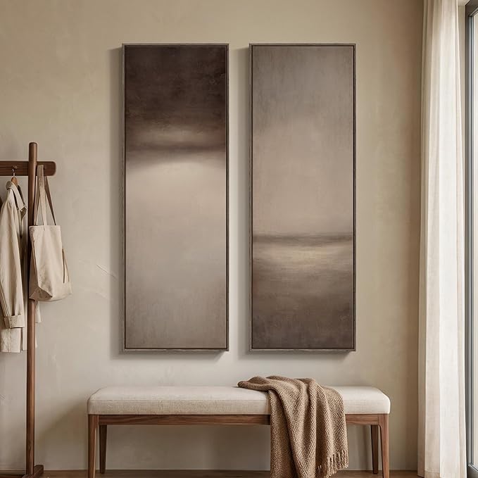 Long Narrow Framed Brown and Beige Neutral Abstract Vertical Wall Art, - Image 4