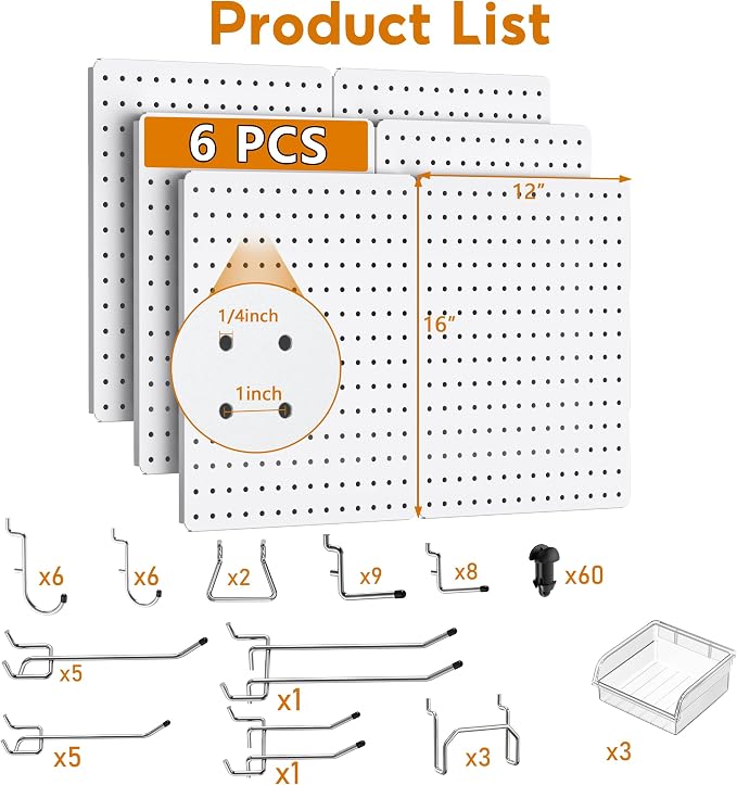 Peg Board, 6 Pack 16'' x 12'' White Pegboard Panels - Image 3