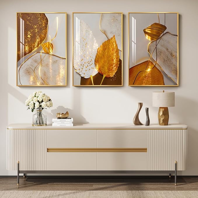 Framed Modern Luxury Wall Art for Living Room, Large White and Gold Leaf - Image 3