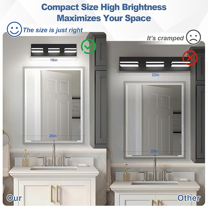 Modern LED Small Bathroom Lights Fixtures 3-Light, Metal Black Acrylic Wall - Image 3
