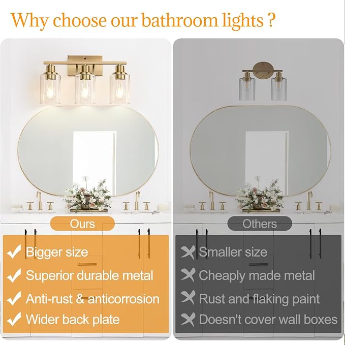 Indoi 3 Light Bathroom Light Fixtures, Brass Vanity Lights - Image 2