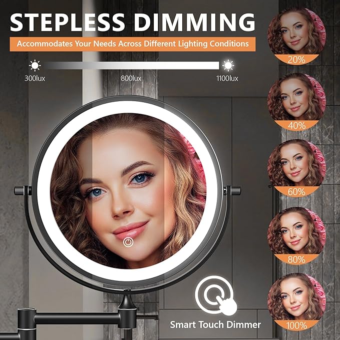 Auxmir 1X/30X Wall Mounted Lighted Makeup Mirror, Touch Dimmable 3 Color Light - Image 5