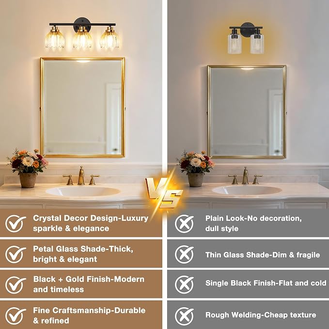 TALOYA Bathroom Vanity Light Fixtures, 3-Light Modern Black and Gold Wall - Image 2