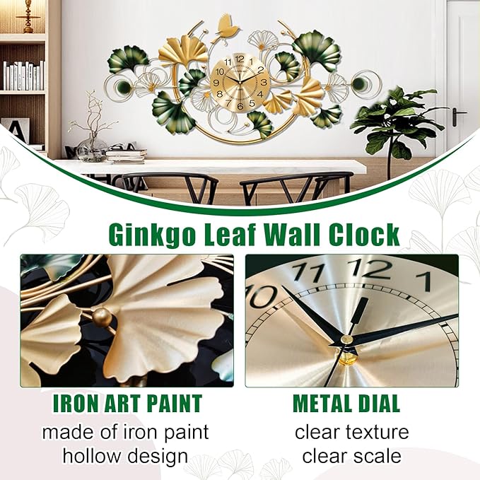 Large Wall Clock for Living Room, 3D 47 Inch Metal Ginkgo Leaf Wall Decor - Image 5