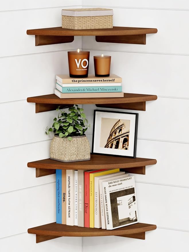 Forbena Corner Bookshelf Wall Mounted Set of 4, Wooden Floating Book Shelves by Forbena