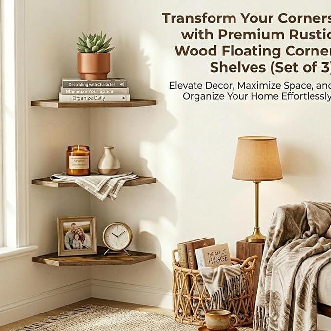 SUYU Set of 3 Floating Corner Shelves, 11.8" Rustic Wood Corner Shelf Wall - Image 6