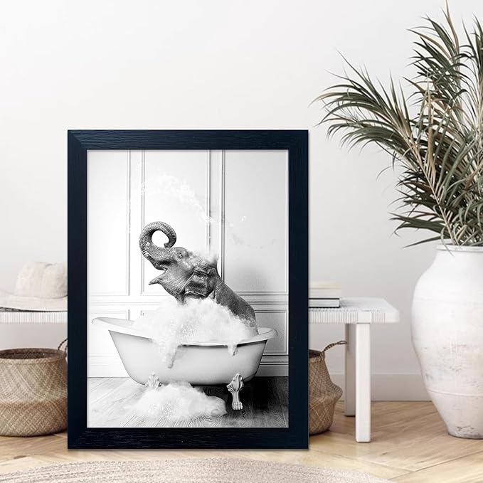 Framed Bathroom Wall Decor Elephant in Bathtub Pictures Wall Art Black and - Image 5