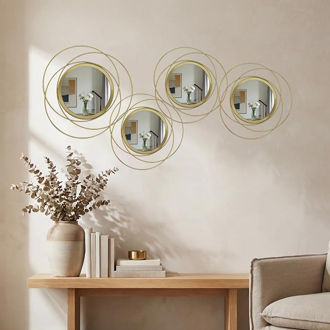 4 Piece Gold Round Wall Mirror Set Modern Metal Circle Home Decor - Image 4