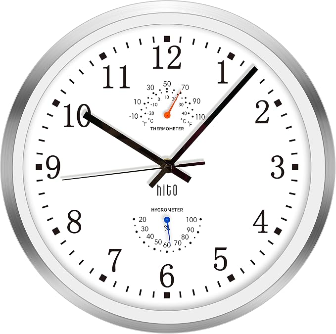 HITO 12 Inch Silent Wall Clock Battery Operated Non Ticking Glass Cover Silver by hito