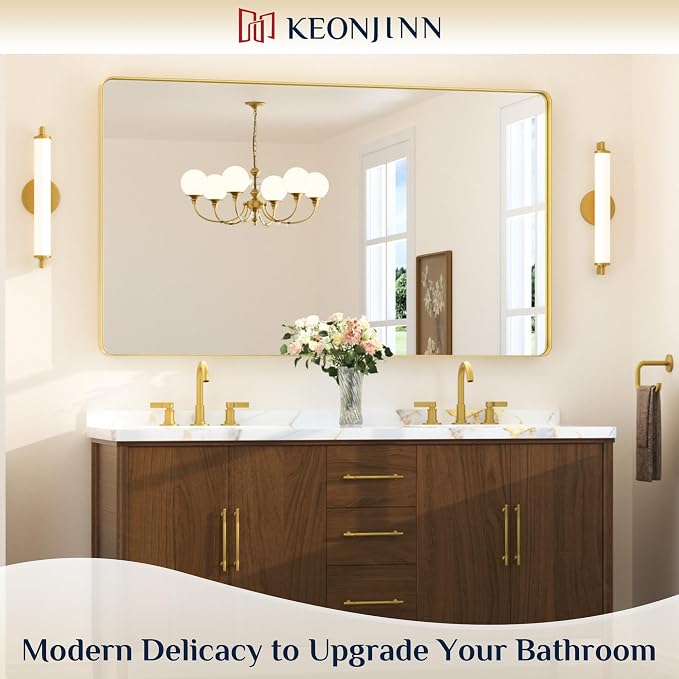 Keonjinn Gold Mirrors for Wall, 60” x 36” Large Brushed Brass Bathroom Mirrors - Image 2
