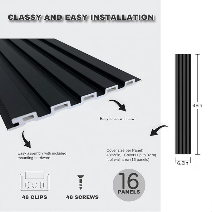 Black Wall Panels for Interior Wall Décor Wainscoting Panels 48x6.2x0.4in - Image 7