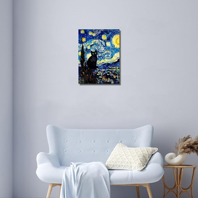 ALMLZL Framed Van Gogh The Starry Night Cat Canvas Wall Art Cute Funny Black - Image 3