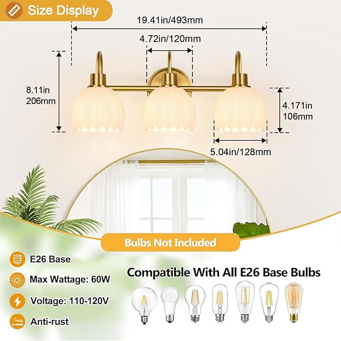 Bathroom Light Fixtures, 3-Light Gold Vanity Light Fixtures - Image 8