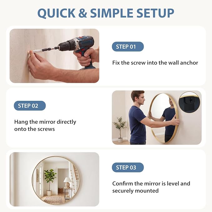 DUMOS 28-Inch Round Wall Mirror, Bathroom Wall Circle Mirror - Image 6
