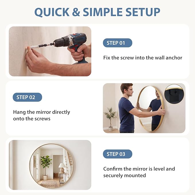 DUMOS 30-Inch Round Wall Mirror, Bathroom Wall Circle Mirror - Image 6
