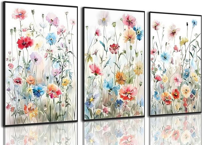 KISSFOX Framed Colorful Wildflower Canvas Wall Art Set Of 3 Flowers Pictures by KISSFOX