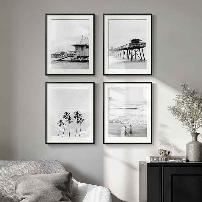 Framed Black and White Beach Wall Art, 4 Piece Coastal Photography Canvas - Image 2