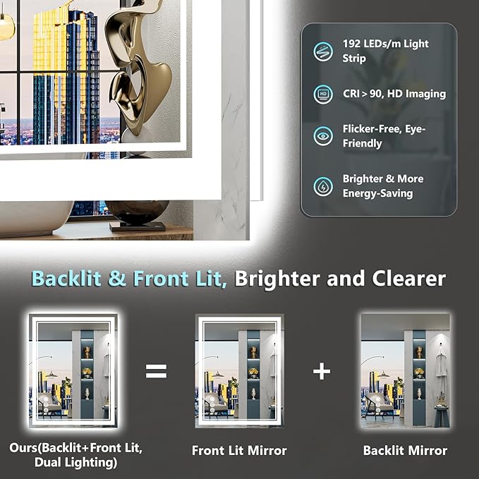 28x36 LED Bathroom Mirror with Lights, Backlit and Front Lit Anti-Fog Lighted - Image 3
