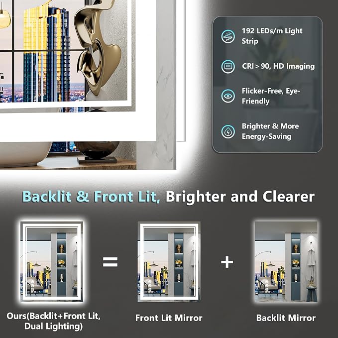 24x32 LED Bathroom Mirror with Lights, Backlit and Front Lit Anti-Fog Lighted - Image 3