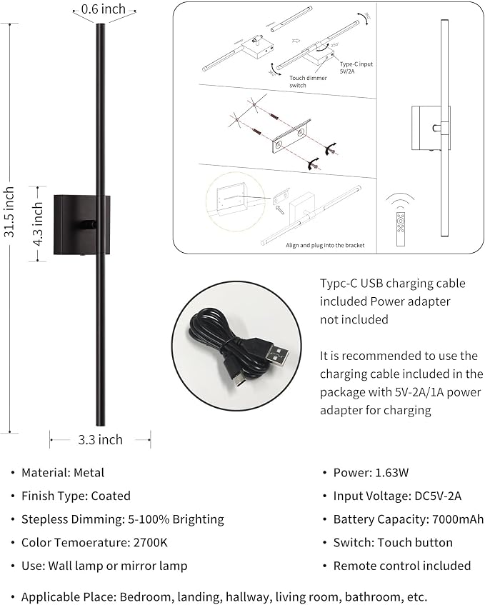 KDG Cordless Wall Sconces Set of 2, Wireless 5200mAh Rechargeable Battery - Image 5