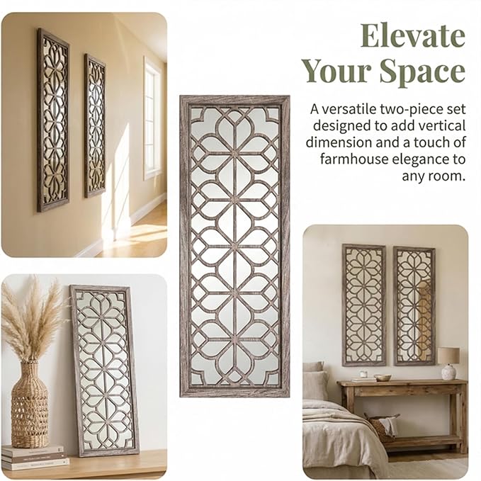 Set of 2 16x41.5 Inch Large Carved Floral Wood Frame Wall Mirrors, Shatterproof - Image 7