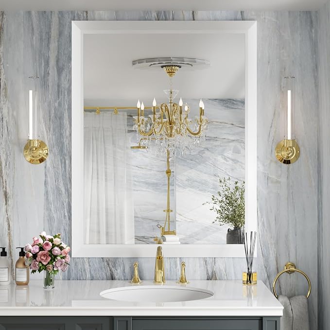 Amorho Bathroom Mirror, 28x36 Inch White Thick Metal Framed Wall Mirrors - Image 8