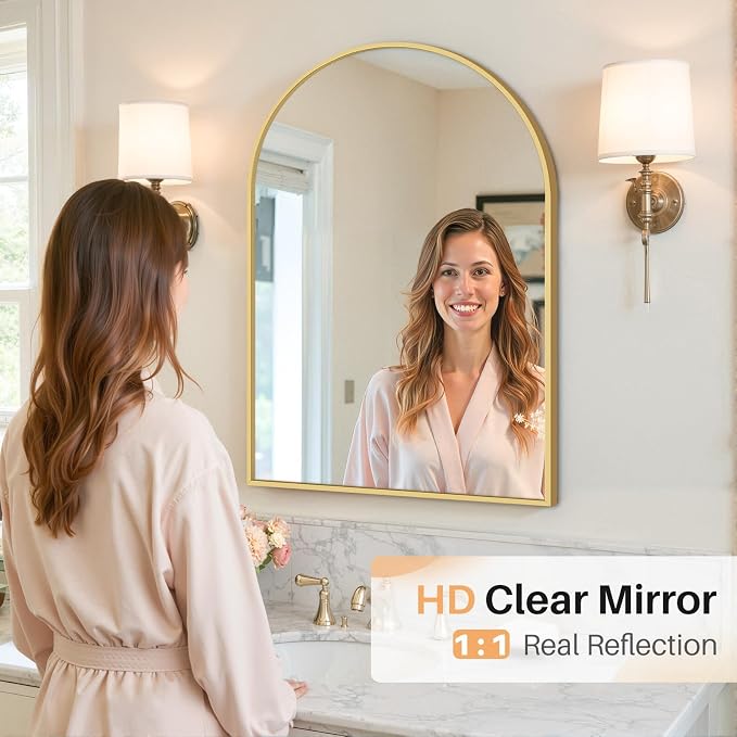 Bathroom Mirror for Wall, 30x20 Inch Arched Mirror, Matte Gold Metal Framed - Image 8