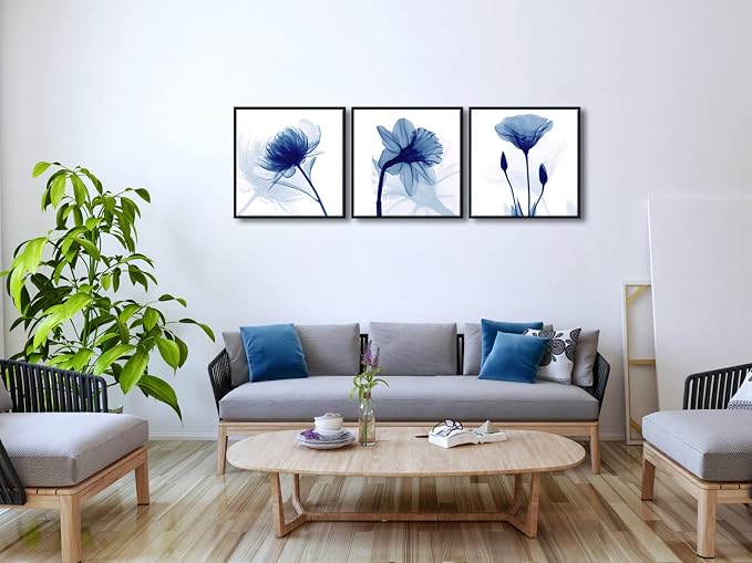 Wieco Art Framed Wall Art Blue Abstract Flowers 3 Panels Canvas Prints Home Art - Image 6