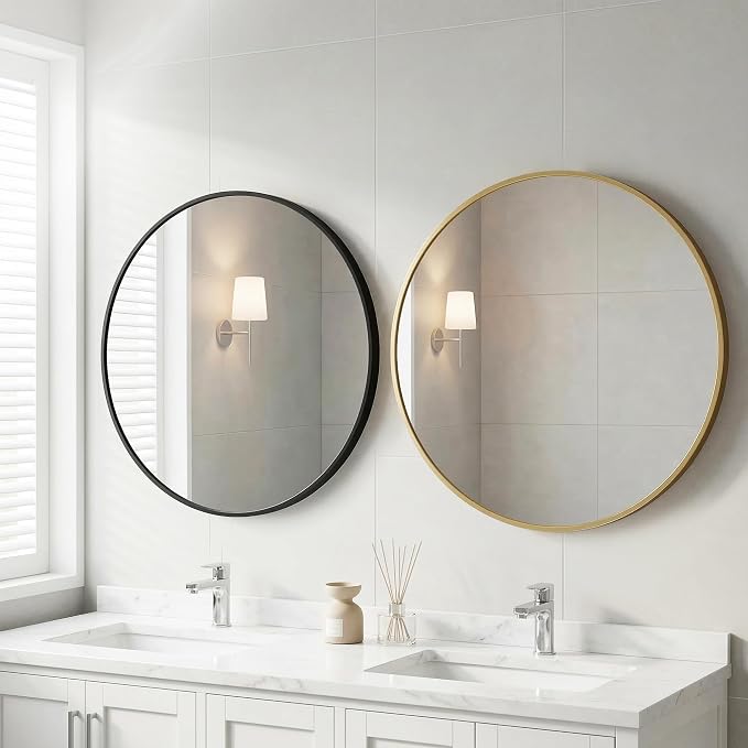 OLIXIS 30 Inch Black Round Bathroom Wall Mirror, Round Bathroom Mirrors - Image 2